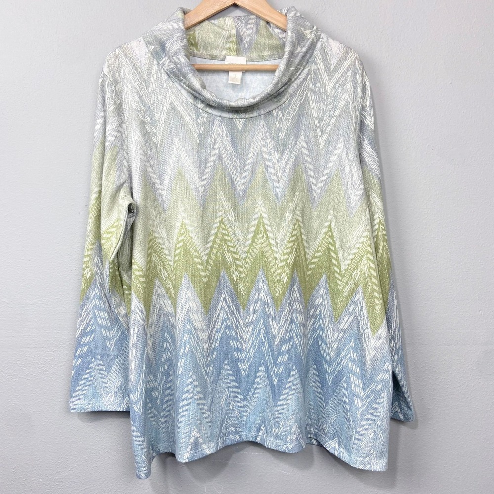 Chico's Luxe Cowl Neck Top‎ Sz XL 3 Chevron Zig Zag Long Sleeve Knit Artsy Y2K